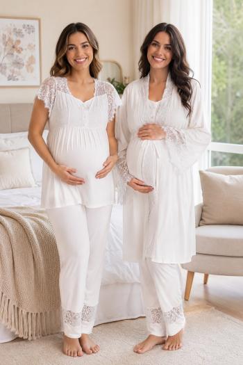 Dantelli Ekru Kısa Kollu Lohusa Hamile Pijama Takımı Sabahlık 33002